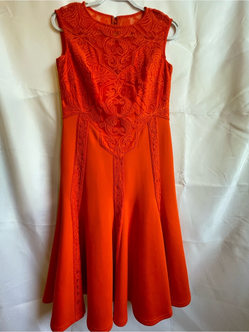 Tadashi Shoji Orange Appliqué Fit & Flare Dress Size 6 Illusion Neck Statement